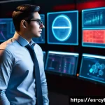 사이버보안과 디지털 포렌식의 차이 - A professional cybersecurity expert stands in a futuristic, dimly lit control room, surrounded by ho...