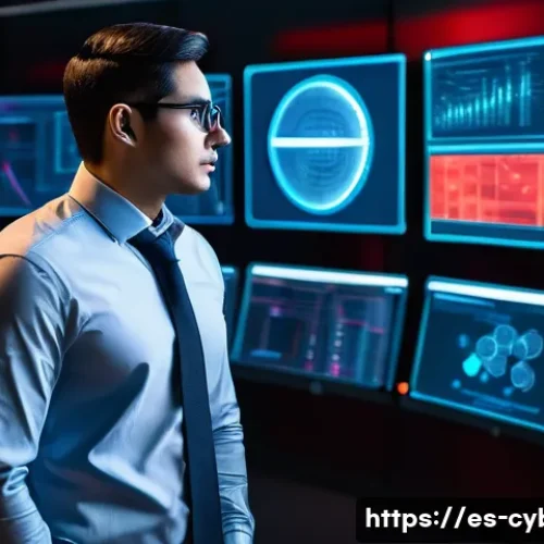 Home 10 사이버보안과 디지털 포렌식의 차이 - A professional cybersecurity expert stands in a futuristic, dimly lit control room, surrounded by ho...