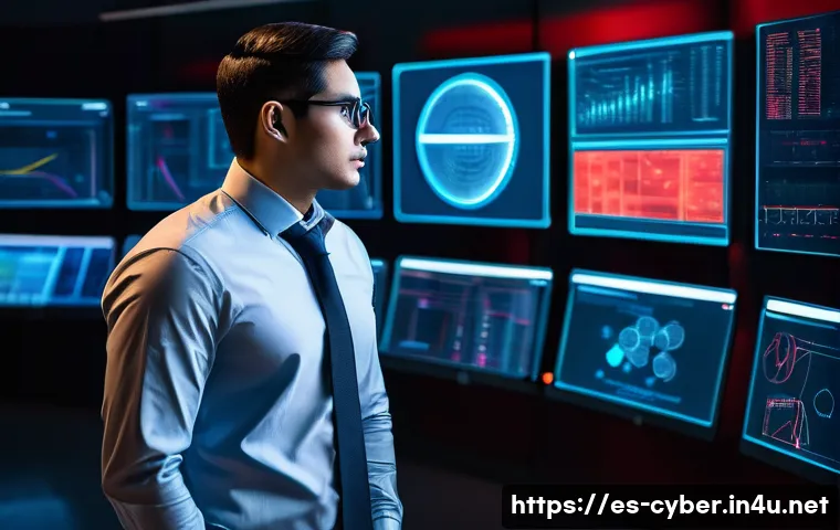 사이버보안과 디지털 포렌식의 차이 - A professional cybersecurity expert stands in a futuristic, dimly lit control room, surrounded by ho...