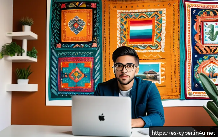 사이버보안 블로그를 운영하는 팁 - A modern, cozy home office scene with a young Hispanic cybersecurity blogger sharing real experience...