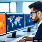 사이버보안 전문가로서의 글로벌 취업 기회 - A professional cybersecurity expert in a modern office environment analyzing network data on multipl...