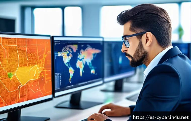 사이버보안 전문가로서의 글로벌 취업 기회 - A professional cybersecurity expert in a modern office environment analyzing network data on multipl...