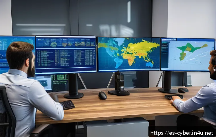 실제 사이버 공격 시뮬레이션 연습 - A modern corporate office scene in Spain, showing a diverse team of professionals engaged in a cyber...
